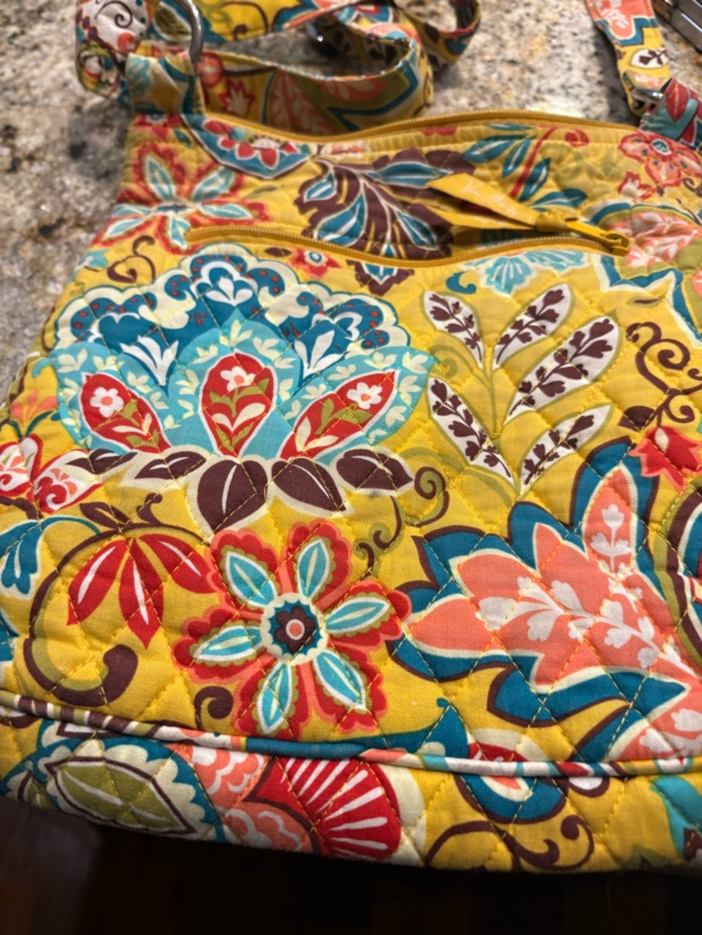 Vera Bradley Yellow Floral Quilted Crossbody with Teal Accents